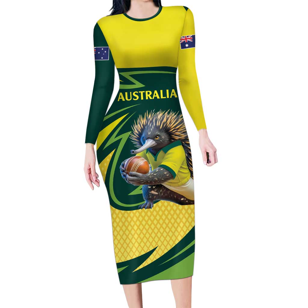 Australian Echidna Cricket Custom Family Matching Long Sleeve Bodycon Dress and Hawaiian Shirt Aussie National Color