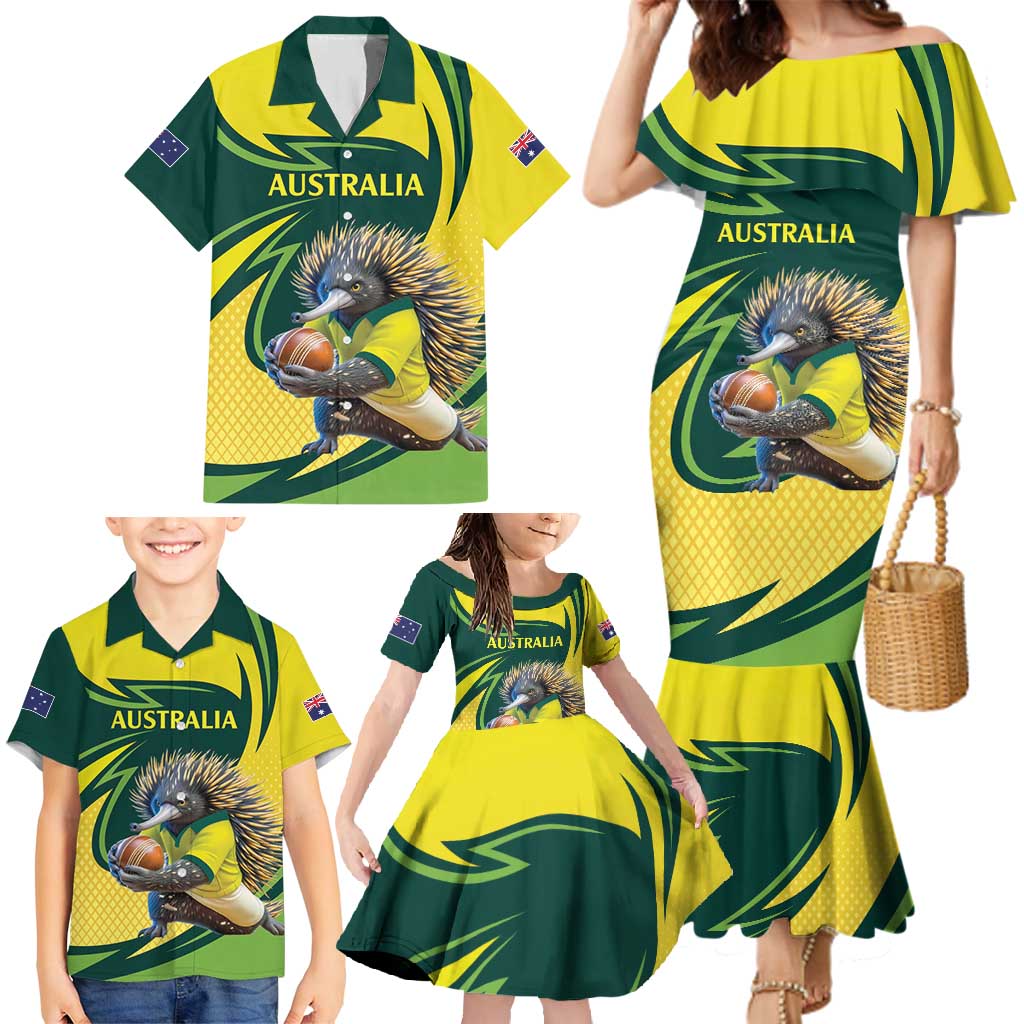Australian Echidna Cricket Custom Family Matching Mermaid Dress and Hawaiian Shirt Aussie National Color