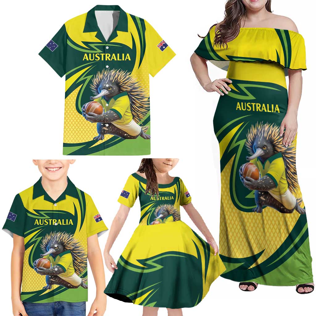 Australian Echidna Cricket Custom Family Matching Off Shoulder Maxi Dress and Hawaiian Shirt Aussie National Color