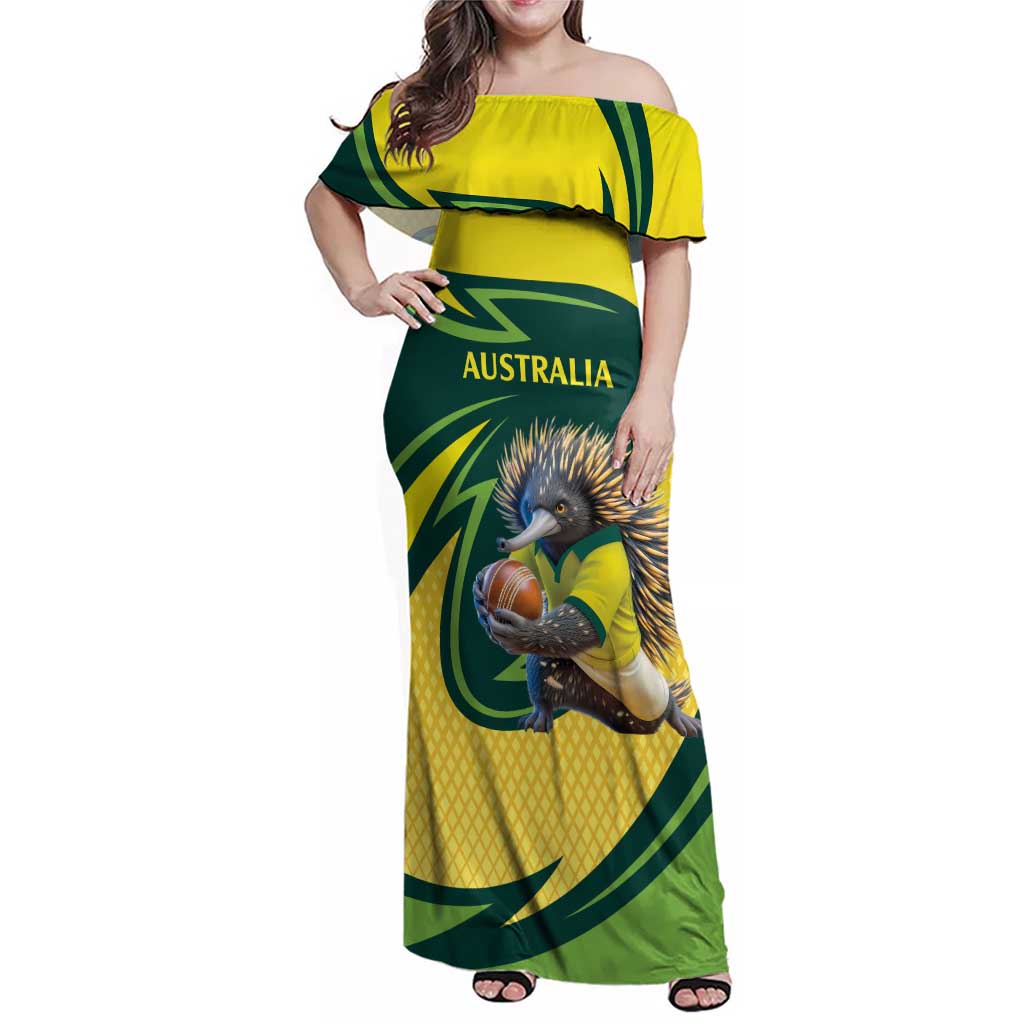 Australian Echidna Cricket Custom Family Matching Off Shoulder Maxi Dress and Hawaiian Shirt Aussie National Color