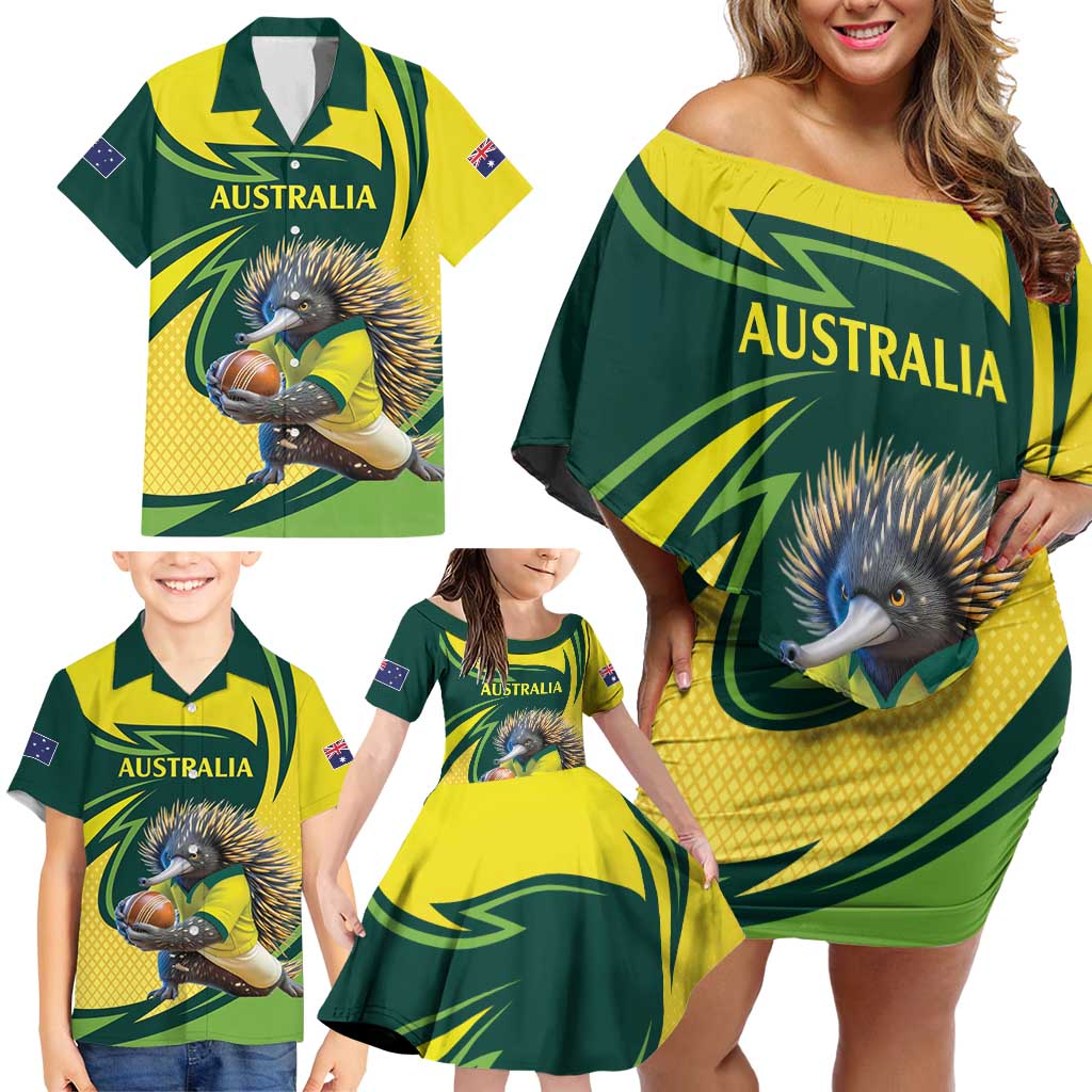 Australian Echidna Cricket Custom Family Matching Off Shoulder Short Dress and Hawaiian Shirt Aussie National Color