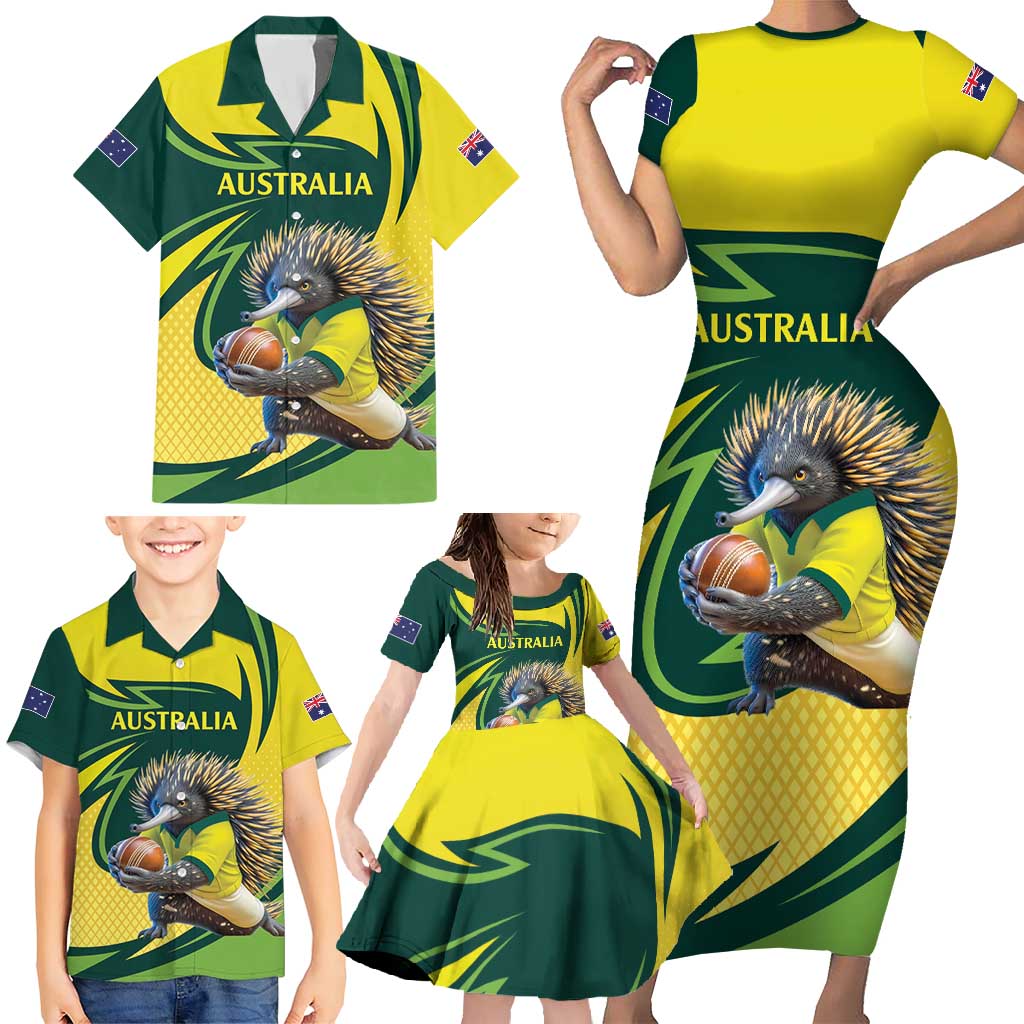 Australian Echidna Cricket Custom Family Matching Short Sleeve Bodycon Dress and Hawaiian Shirt Aussie National Color