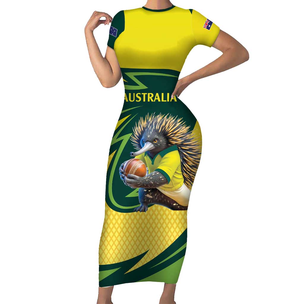 Australian Echidna Cricket Custom Family Matching Short Sleeve Bodycon Dress and Hawaiian Shirt Aussie National Color