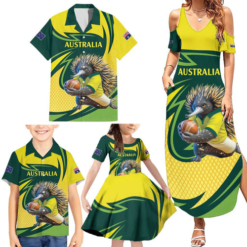 Australian Echidna Cricket Custom Family Matching Summer Maxi Dress and Hawaiian Shirt Aussie National Color