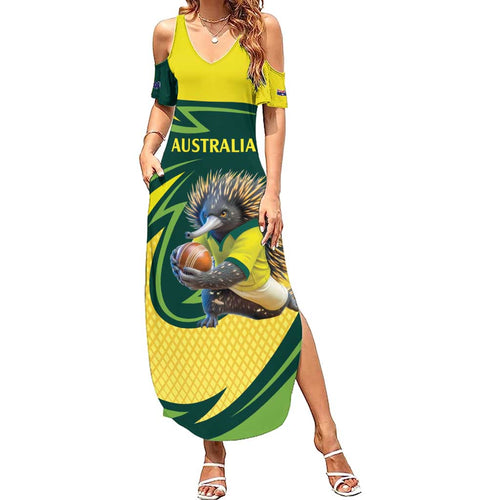 Australian Echidna Cricket Custom Family Matching Summer Maxi Dress and Hawaiian Shirt Aussie National Color