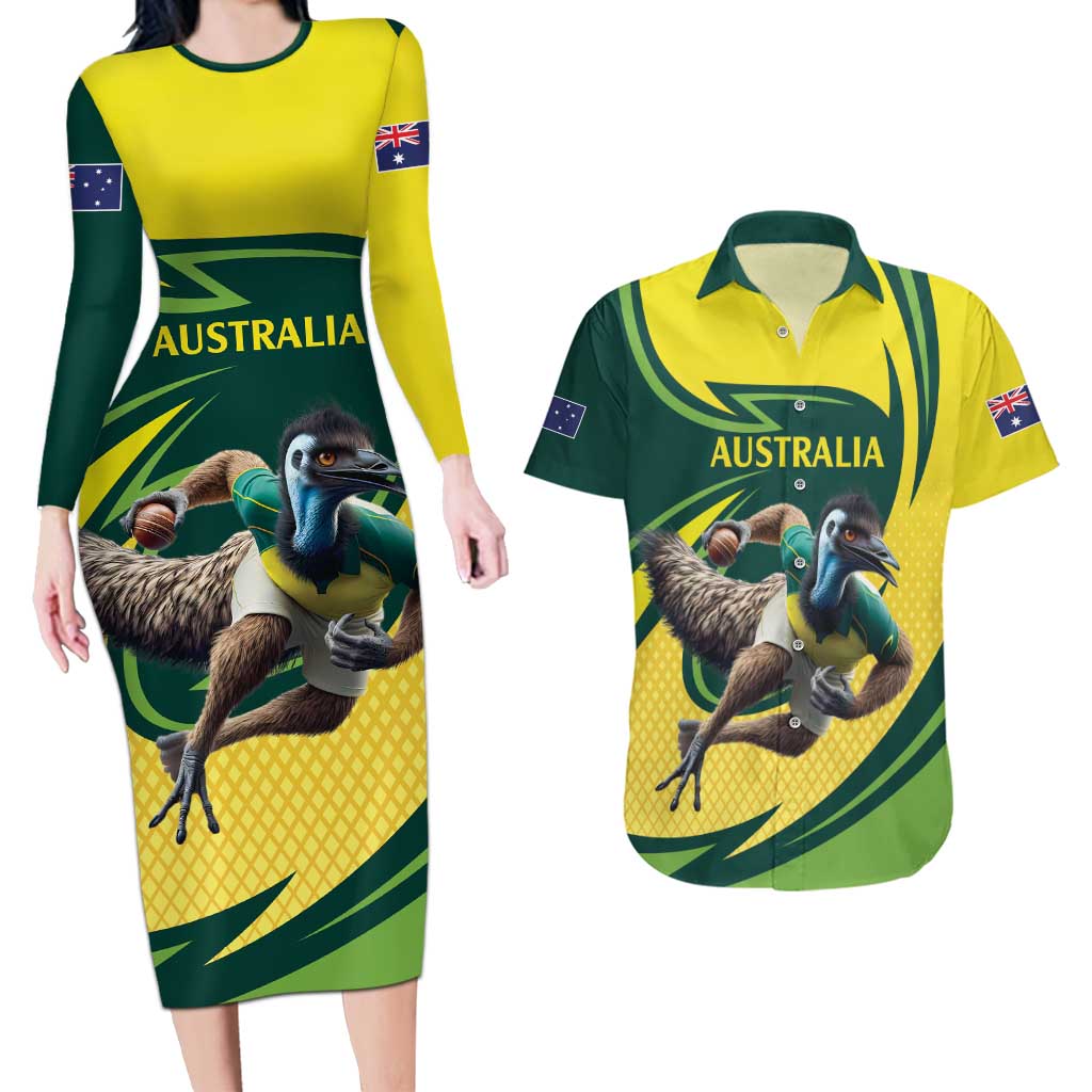 Australian Emu Cricket Custom Couples Matching Long Sleeve Bodycon Dress and Hawaiian Shirt Aussie National Color