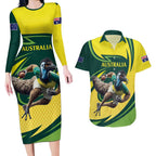 Australian Emu Cricket Custom Couples Matching Long Sleeve Bodycon Dress and Hawaiian Shirt Aussie National Color