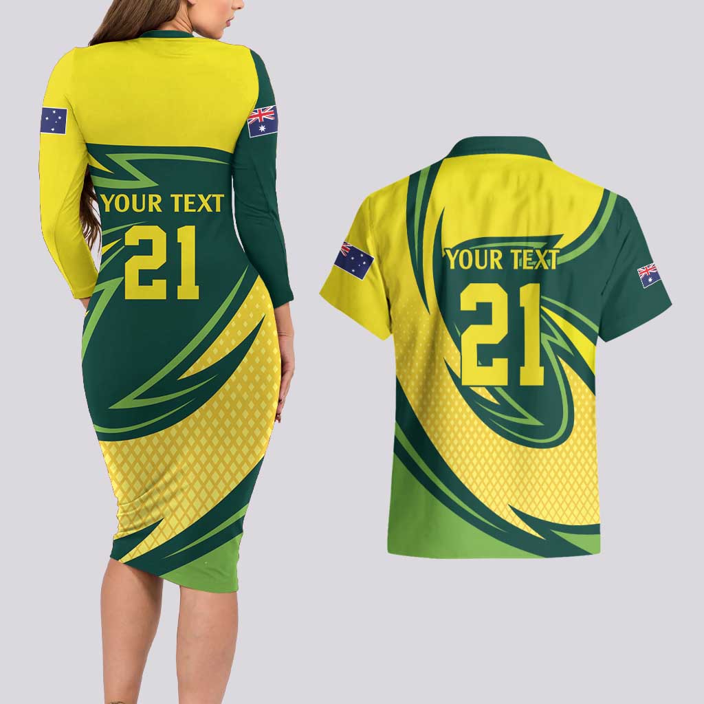 Australian Emu Cricket Custom Couples Matching Long Sleeve Bodycon Dress and Hawaiian Shirt Aussie National Color