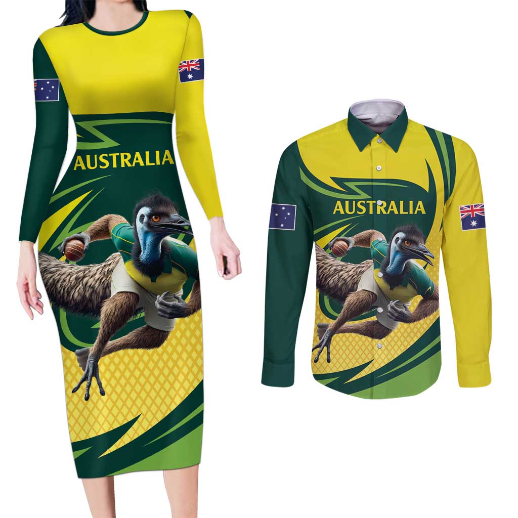 Australian Emu Cricket Custom Couples Matching Long Sleeve Bodycon Dress and Long Sleeve Button Shirt Aussie National Color