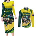 Australian Emu Cricket Custom Couples Matching Long Sleeve Bodycon Dress and Long Sleeve Button Shirt Aussie National Color