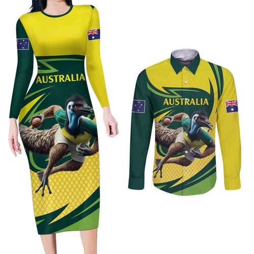 Australian Emu Cricket Custom Couples Matching Long Sleeve Bodycon Dress and Long Sleeve Button Shirt Aussie National Color
