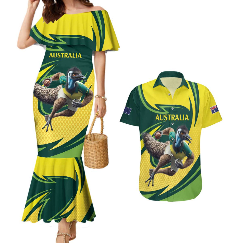 Australian Emu Cricket Custom Couples Matching Mermaid Dress and Hawaiian Shirt Aussie National Color