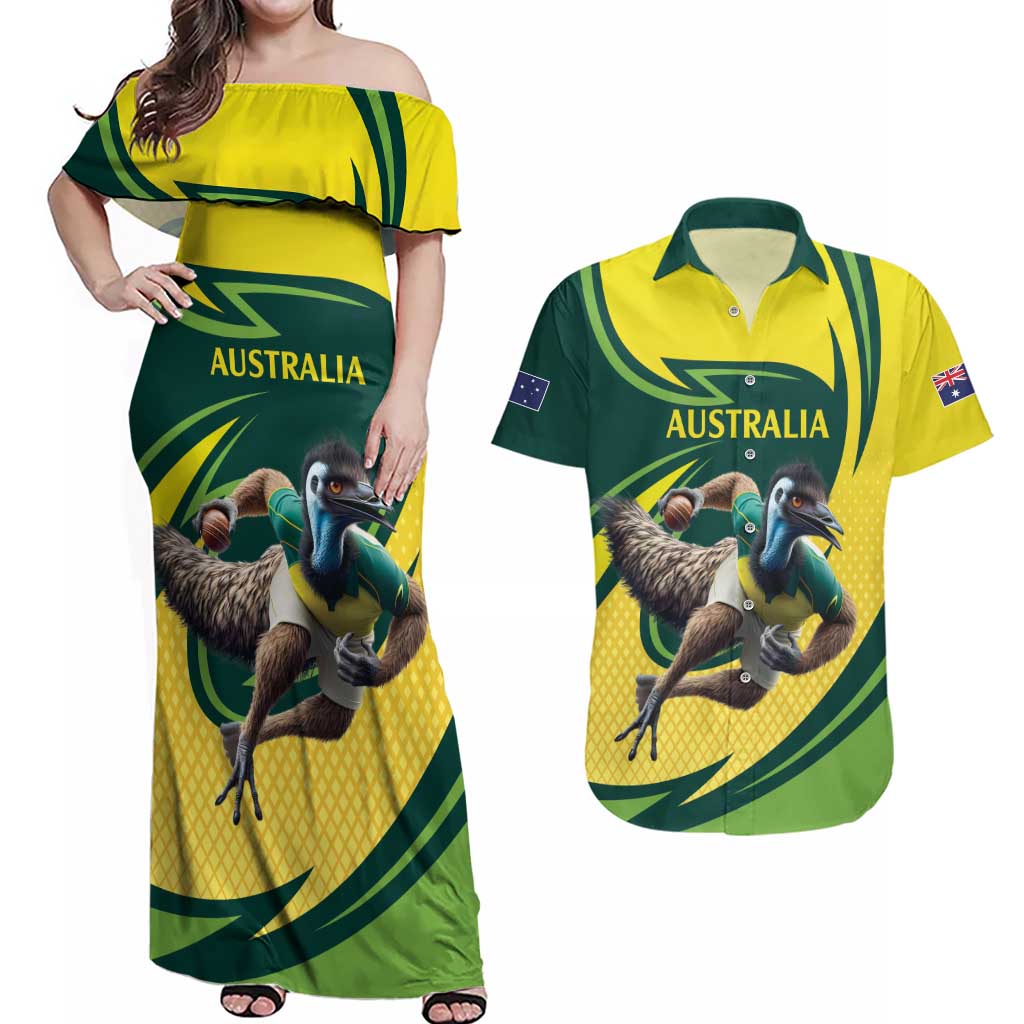 Australian Emu Cricket Custom Couples Matching Off Shoulder Maxi Dress and Hawaiian Shirt Aussie National Color