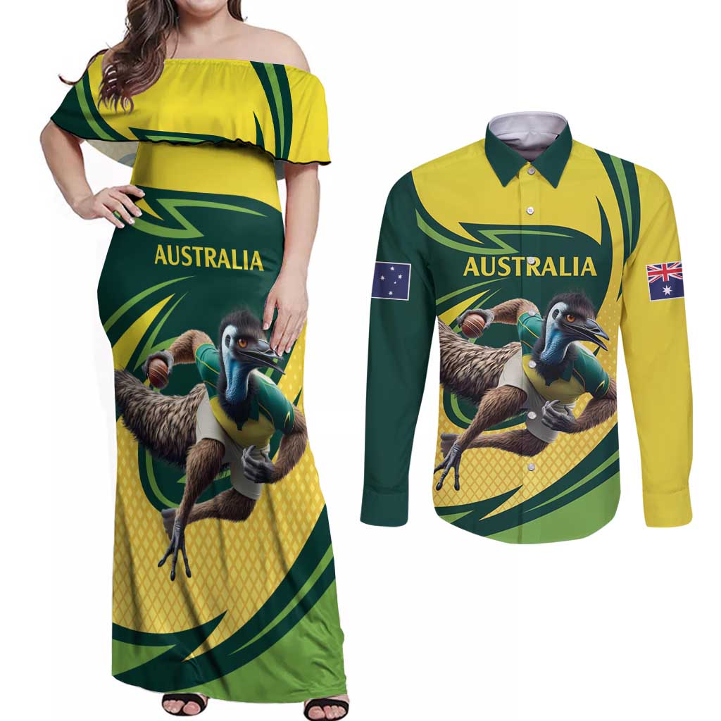Australian Emu Cricket Custom Couples Matching Off Shoulder Maxi Dress and Long Sleeve Button Shirt Aussie National Color