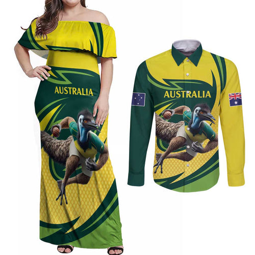 Australian Emu Cricket Custom Couples Matching Off Shoulder Maxi Dress and Long Sleeve Button Shirt Aussie National Color