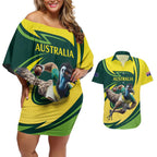 Australian Emu Cricket Custom Couples Matching Off Shoulder Short Dress and Hawaiian Shirt Aussie National Color