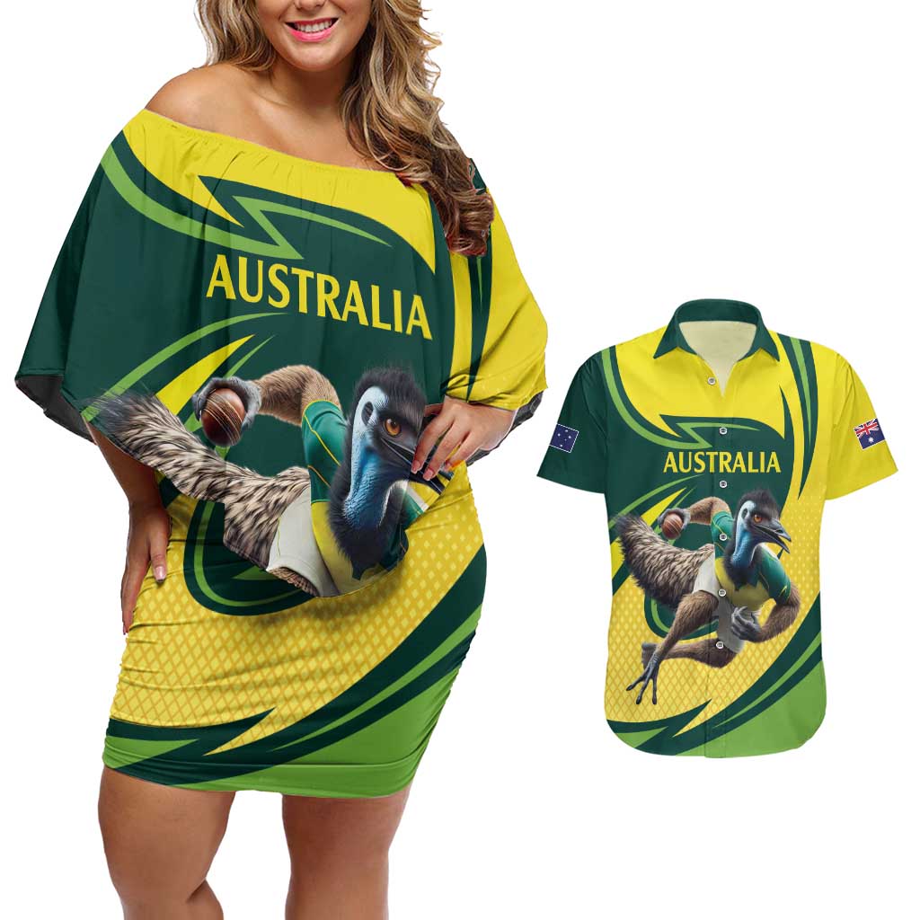 Australian Emu Cricket Custom Couples Matching Off Shoulder Short Dress and Hawaiian Shirt Aussie National Color