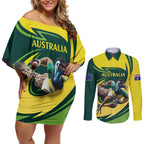 Australian Emu Cricket Custom Couples Matching Off Shoulder Short Dress and Long Sleeve Button Shirt Aussie National Color