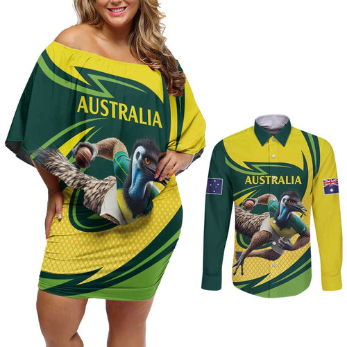 Australian Emu Cricket Custom Couples Matching Off Shoulder Short Dress and Long Sleeve Button Shirt Aussie National Color