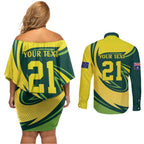 Australian Emu Cricket Custom Couples Matching Off Shoulder Short Dress and Long Sleeve Button Shirt Aussie National Color