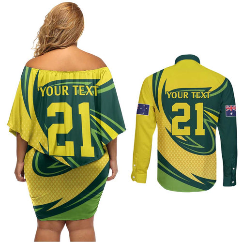Australian Emu Cricket Custom Couples Matching Off Shoulder Short Dress and Long Sleeve Button Shirt Aussie National Color