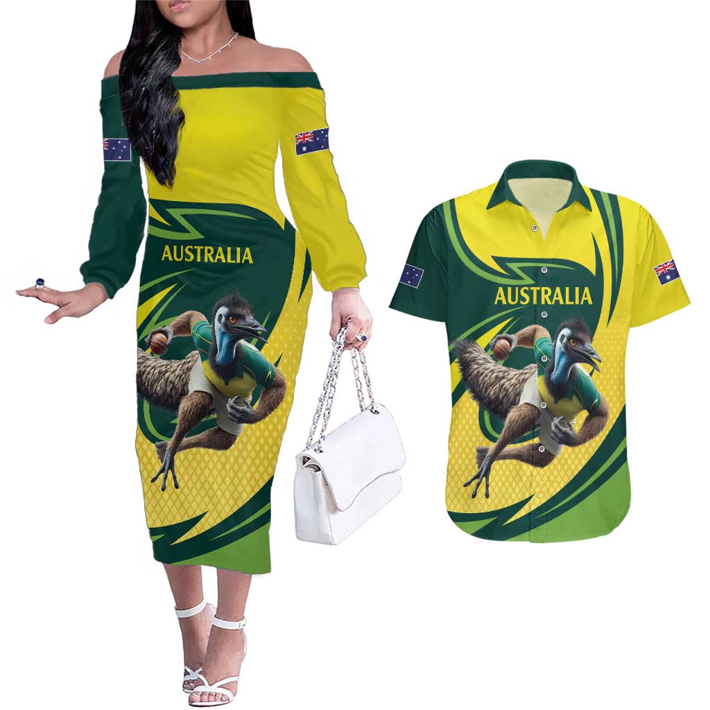 Australian Emu Cricket Custom Couples Matching Off The Shoulder Long Sleeve Dress and Hawaiian Shirt Aussie National Color