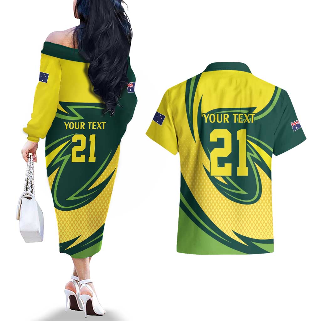 Australian Emu Cricket Custom Couples Matching Off The Shoulder Long Sleeve Dress and Hawaiian Shirt Aussie National Color