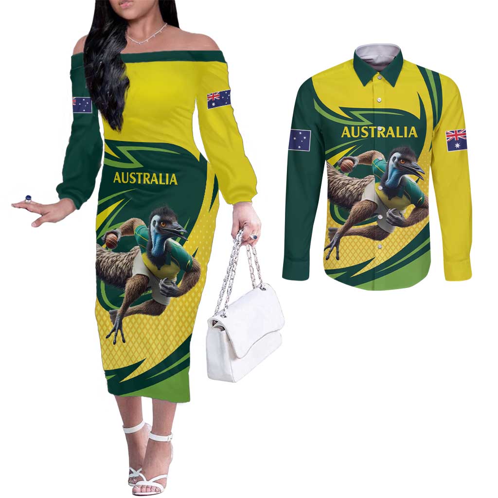 Australian Emu Cricket Custom Couples Matching Off The Shoulder Long Sleeve Dress and Long Sleeve Button Shirt Aussie National Color
