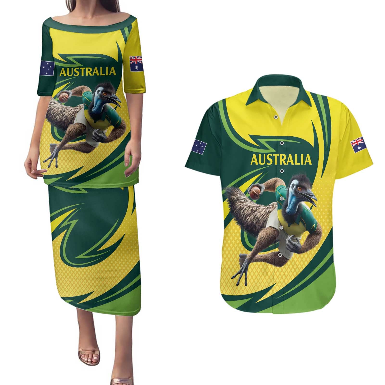 Australian Emu Cricket Custom Couples Matching Puletasi and Hawaiian Shirt Aussie National Color