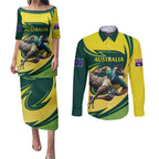 Australian Emu Cricket Custom Couples Matching Puletasi and Long Sleeve Button Shirt Aussie National Color