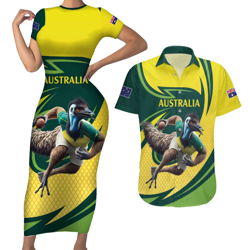 Australian Emu Cricket Custom Couples Matching Short Sleeve Bodycon Dress and Hawaiian Shirt Aussie National Color