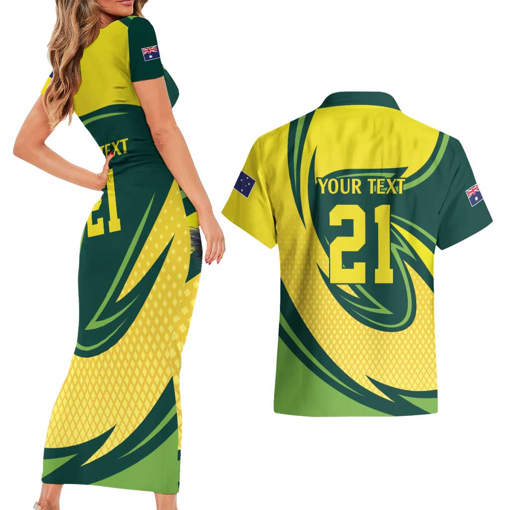 Australian Emu Cricket Custom Couples Matching Short Sleeve Bodycon Dress and Hawaiian Shirt Aussie National Color