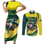 Australian Emu Cricket Custom Couples Matching Short Sleeve Bodycon Dress and Long Sleeve Button Shirt Aussie National Color