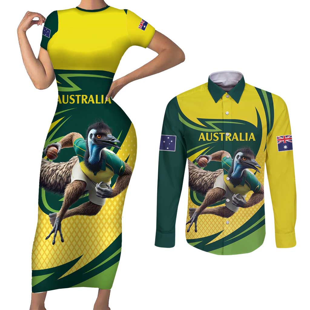 Australian Emu Cricket Custom Couples Matching Short Sleeve Bodycon Dress and Long Sleeve Button Shirt Aussie National Color