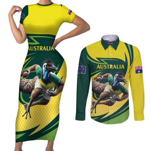 Australian Emu Cricket Custom Couples Matching Short Sleeve Bodycon Dress and Long Sleeve Button Shirt Aussie National Color