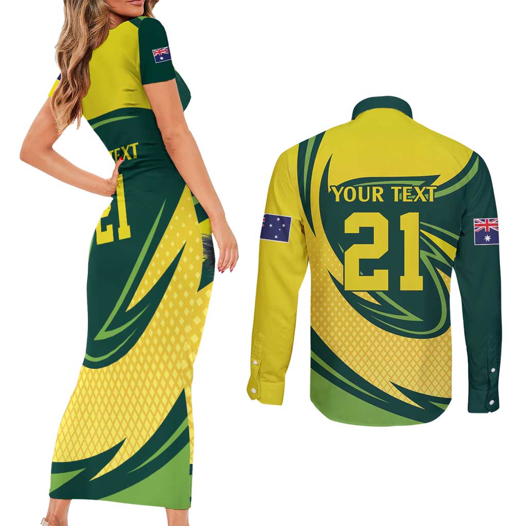 Australian Emu Cricket Custom Couples Matching Short Sleeve Bodycon Dress and Long Sleeve Button Shirt Aussie National Color