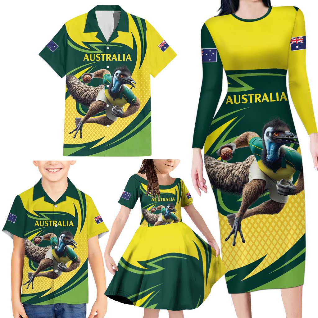 Australian Emu Cricket Custom Family Matching Long Sleeve Bodycon Dress and Hawaiian Shirt Aussie National Color