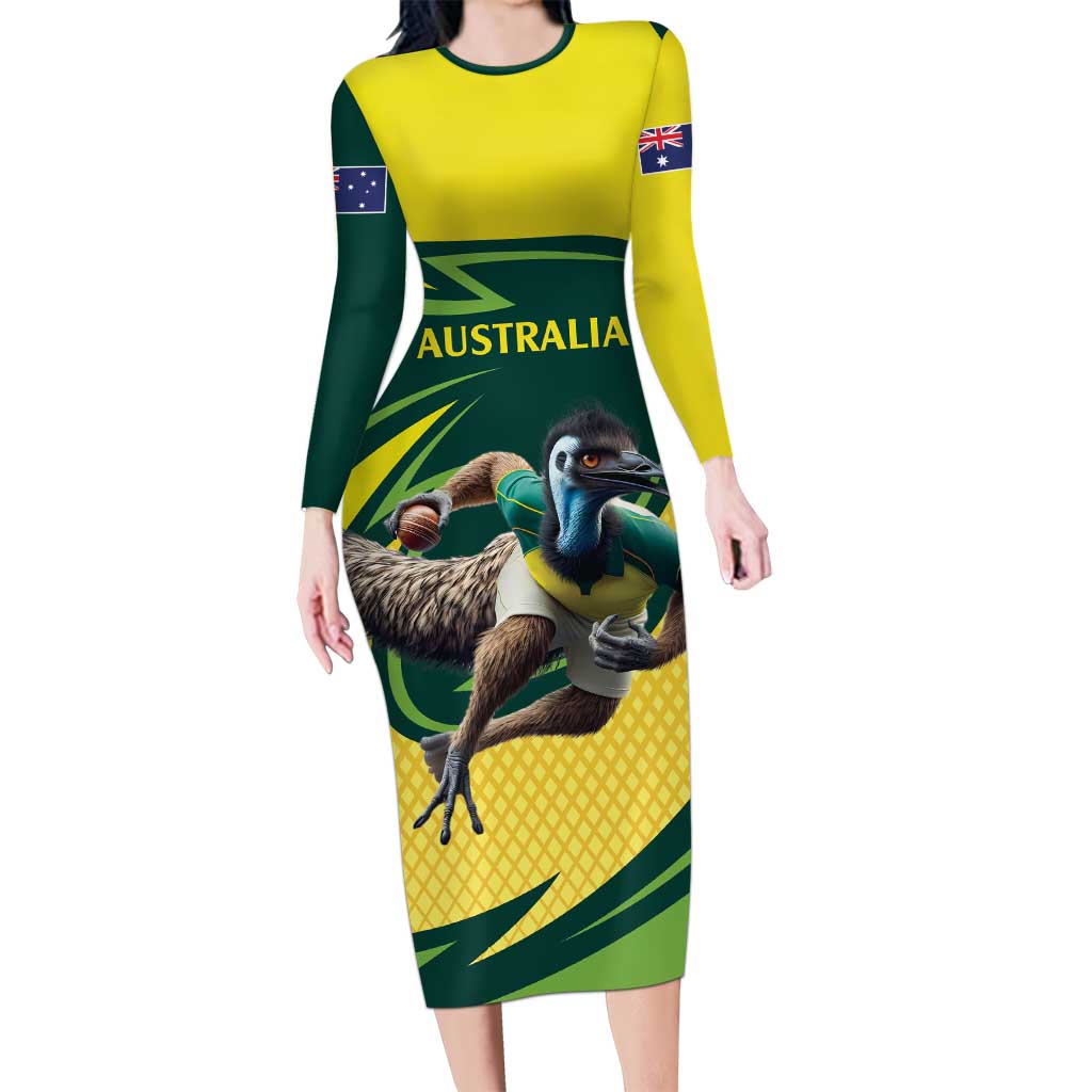 Australian Emu Cricket Custom Family Matching Long Sleeve Bodycon Dress and Hawaiian Shirt Aussie National Color