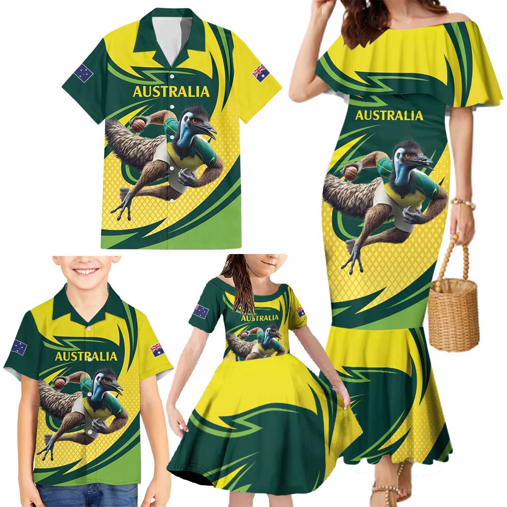 Australian Emu Cricket Custom Family Matching Mermaid Dress and Hawaiian Shirt Aussie National Color