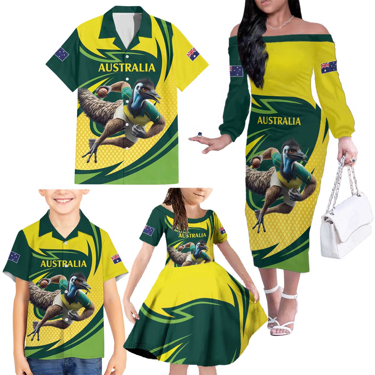 Australian Emu Cricket Custom Family Matching Off The Shoulder Long Sleeve Dress and Hawaiian Shirt Aussie National Color
