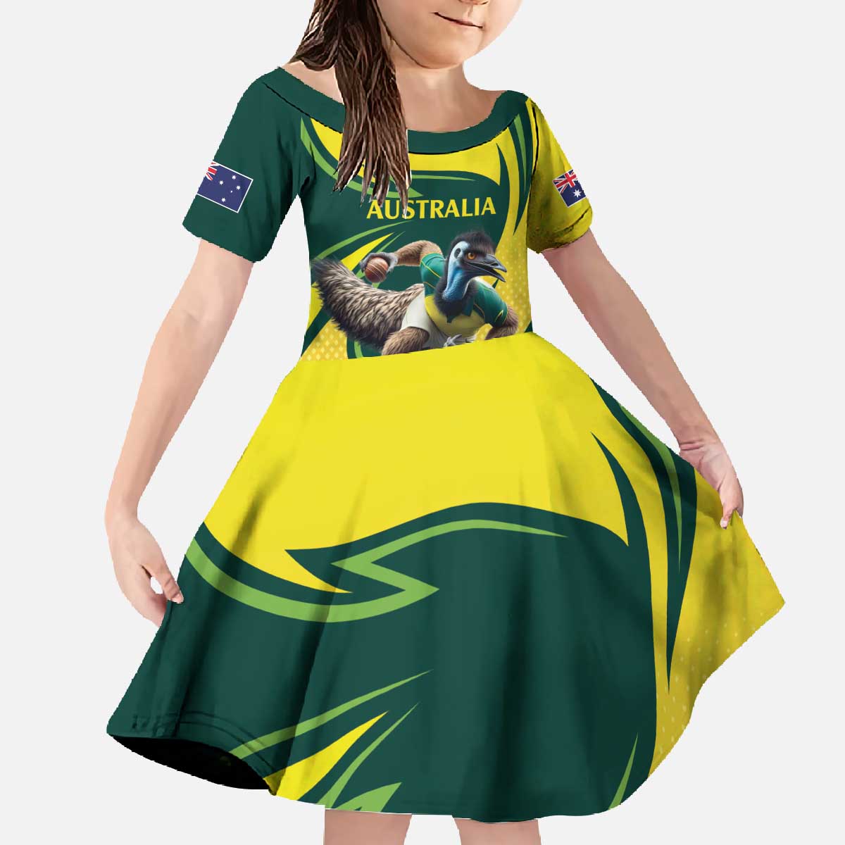 Australian Emu Cricket Custom Family Matching Off The Shoulder Long Sleeve Dress and Hawaiian Shirt Aussie National Color