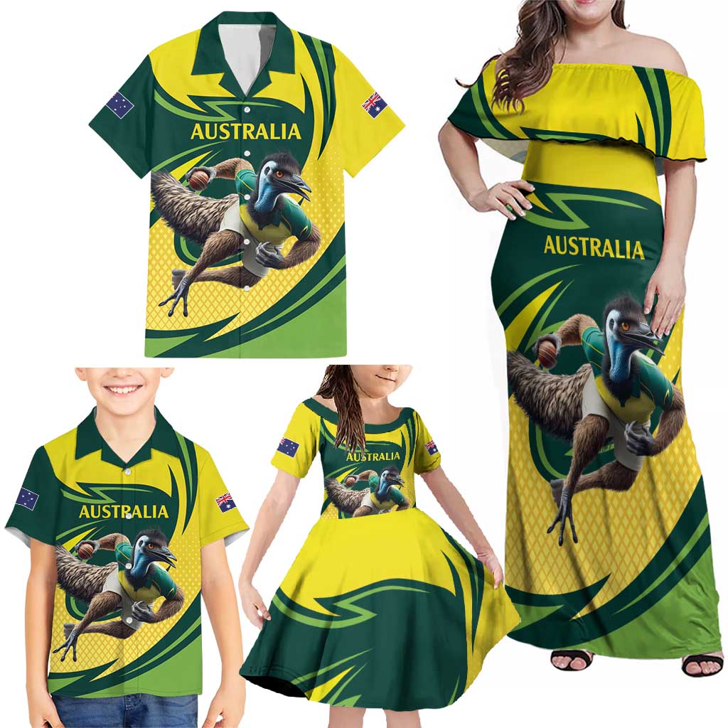 Australian Emu Cricket Custom Family Matching Off Shoulder Maxi Dress and Hawaiian Shirt Aussie National Color