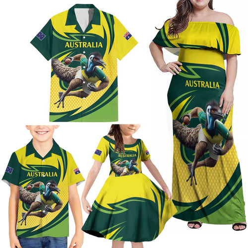 Australian Emu Cricket Custom Family Matching Off Shoulder Maxi Dress and Hawaiian Shirt Aussie National Color