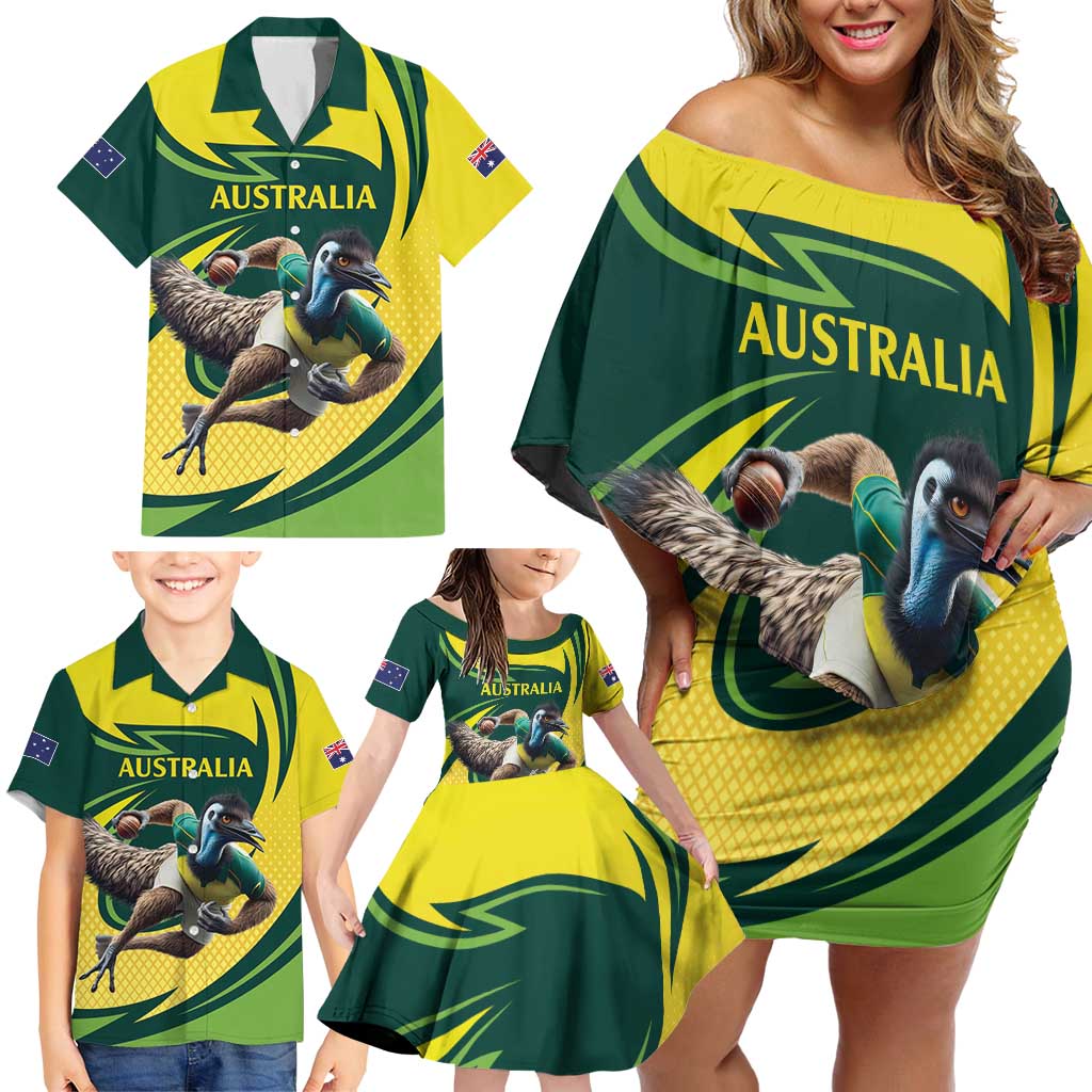 Australian Emu Cricket Custom Family Matching Off Shoulder Short Dress and Hawaiian Shirt Aussie National Color