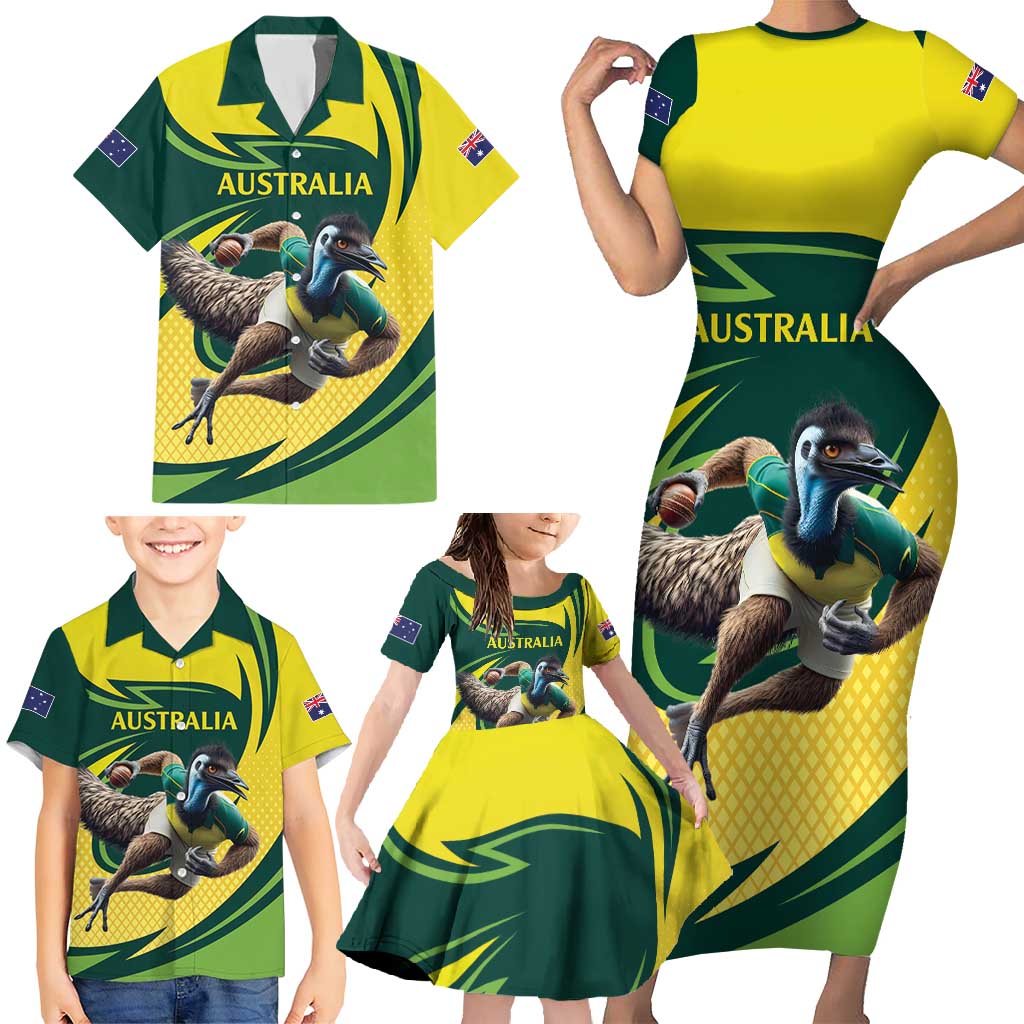 Australian Emu Cricket Custom Family Matching Short Sleeve Bodycon Dress and Hawaiian Shirt Aussie National Color