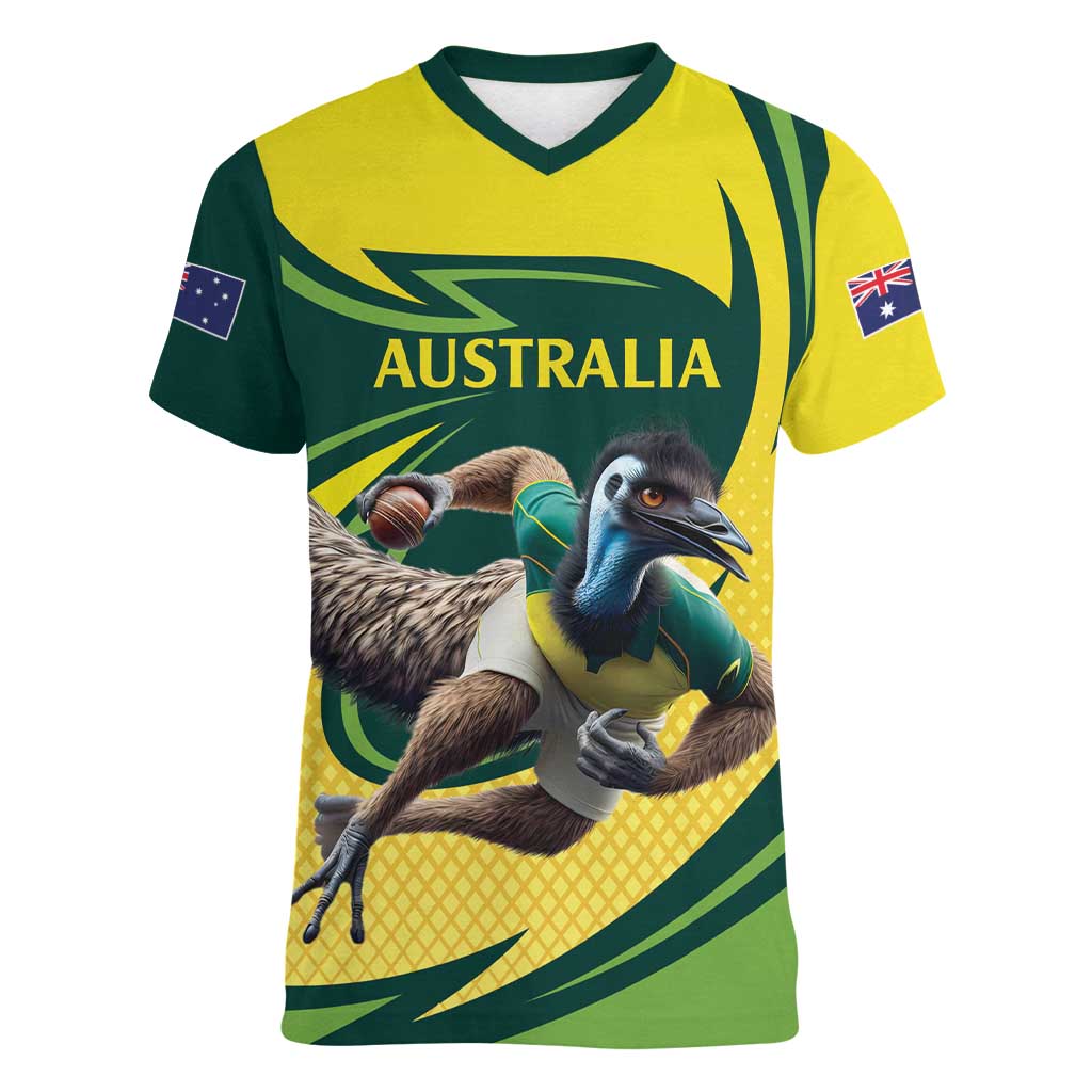 Australian Emu Cricket Custom Women V-Neck T-Shirt Aussie National Color