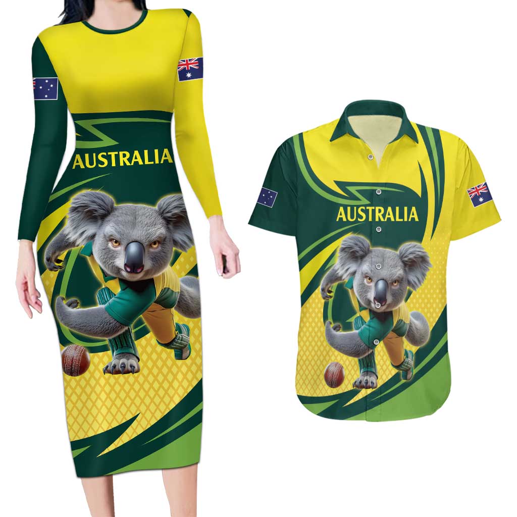 Australian Koala Bear Cricket Custom Couples Matching Long Sleeve Bodycon Dress and Hawaiian Shirt Aussie National Color