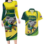 Australian Koala Bear Cricket Custom Couples Matching Long Sleeve Bodycon Dress and Hawaiian Shirt Aussie National Color