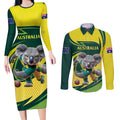 Australian Koala Bear Cricket Custom Couples Matching Long Sleeve Bodycon Dress and Long Sleeve Button Shirt Aussie National Color