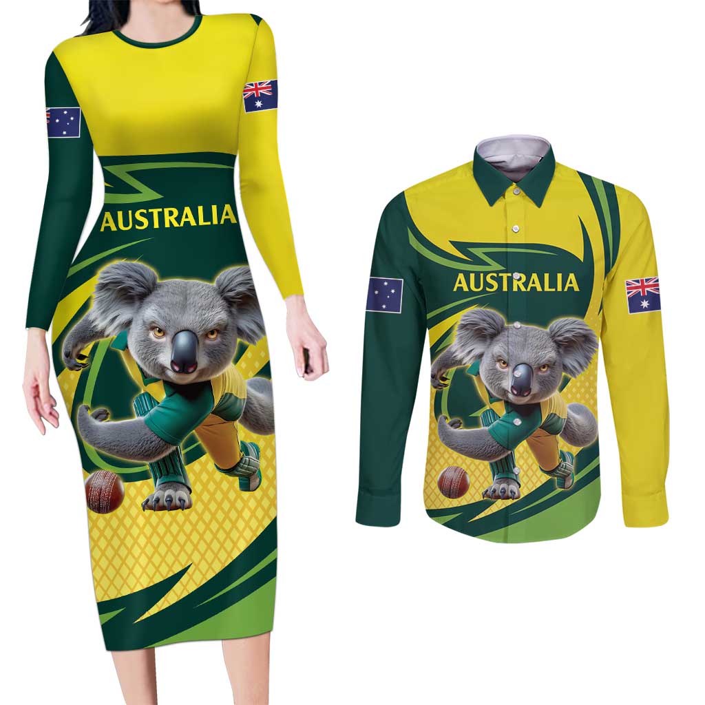 Australian Koala Bear Cricket Custom Couples Matching Long Sleeve Bodycon Dress and Long Sleeve Button Shirt Aussie National Color